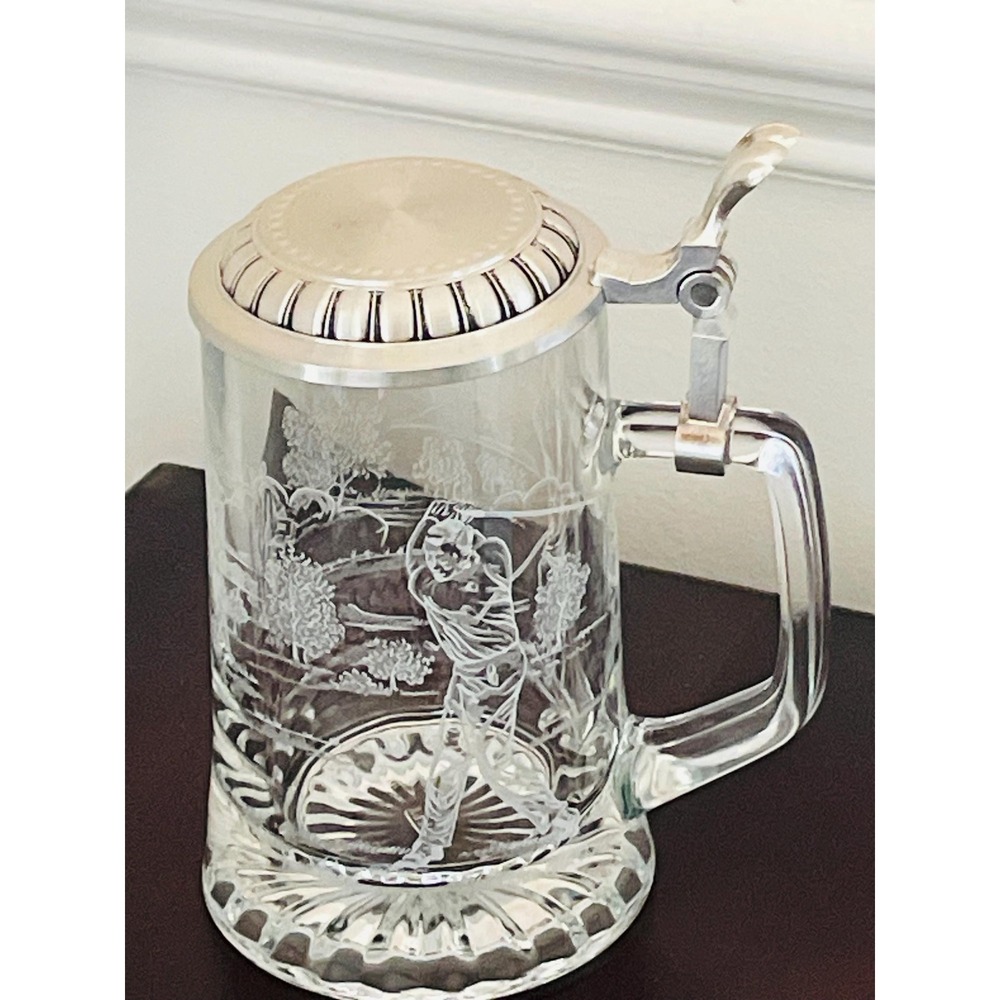 Vintage Domex Etched Glass Beer Stein, Pewter Lid, Golf Theme German Made EUC
